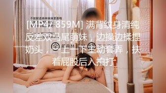 [MP4/ 859M] 满背纹身清纯反差双马尾萌妹，边操边揉捏奶头，一上一下主动套弄，扶着屁股后入拍打